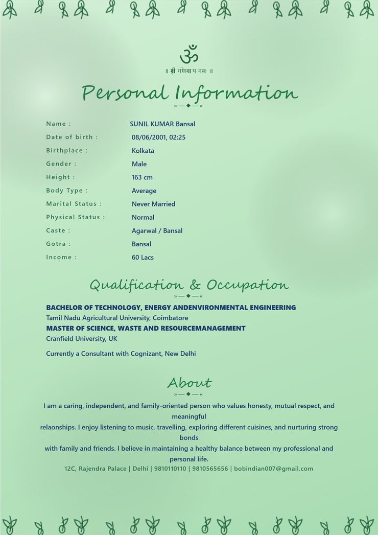 Emerald Garden marriage biodata template — view free sample PDF