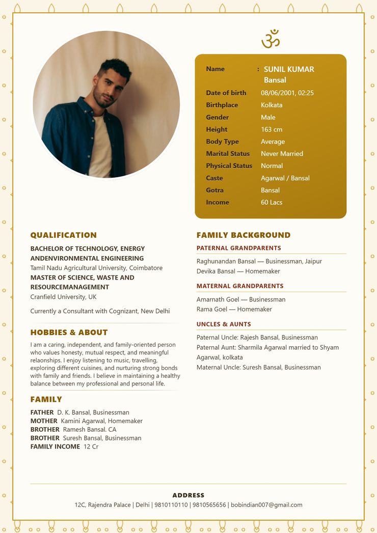 Gold Mandala marriage biodata template — view free sample PDF